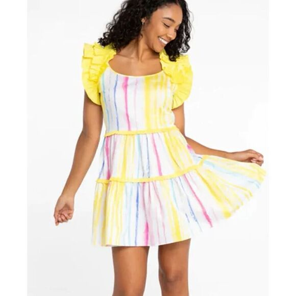 NWT Alden Adair Amora Caribbean Stripe Ruffle Colorful Mini Dress Size Medium - Picture 1 of 14
